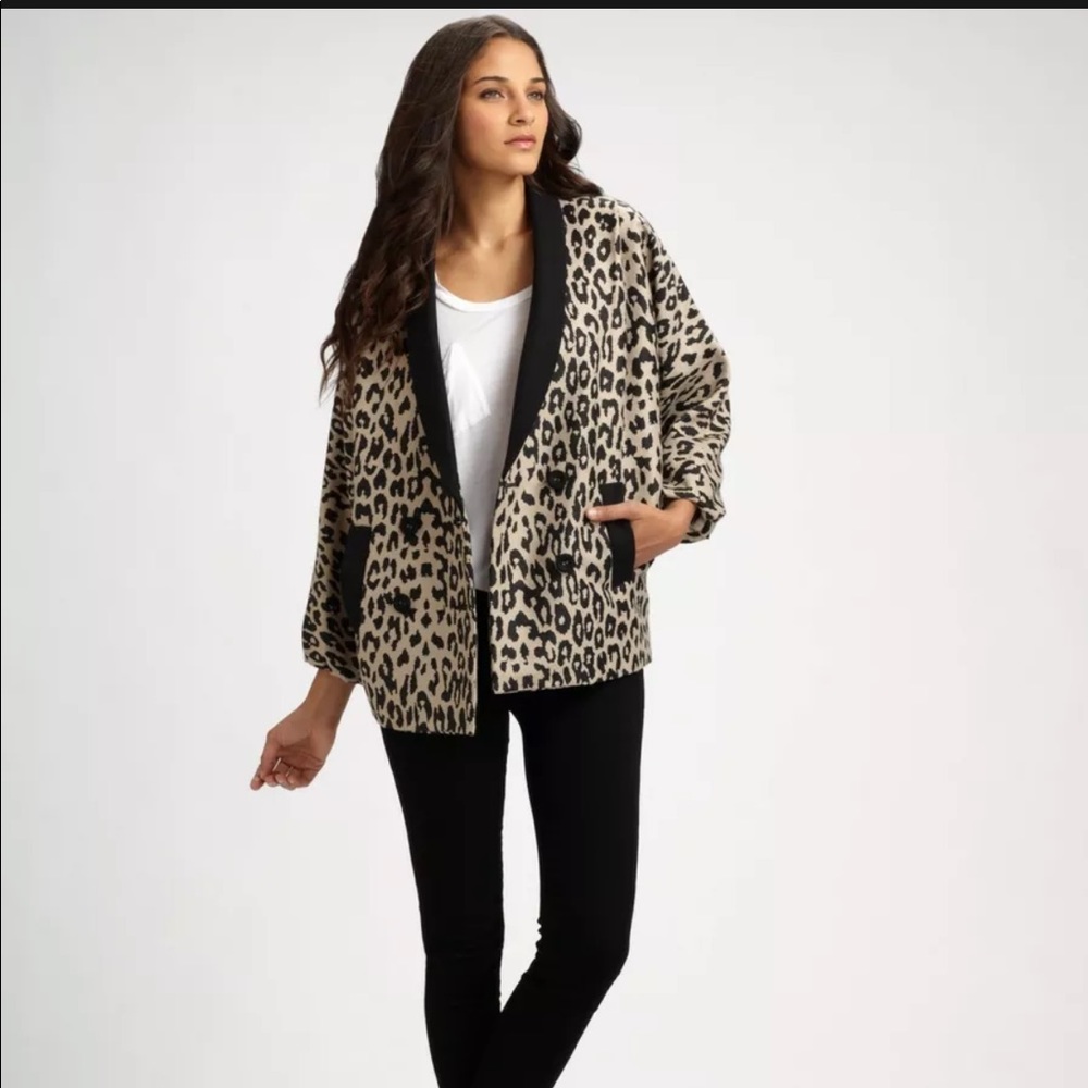 Loeffler Randall Double-breasted Leopard Wmn Blazer Jacket Coat Black Taupe Wool
